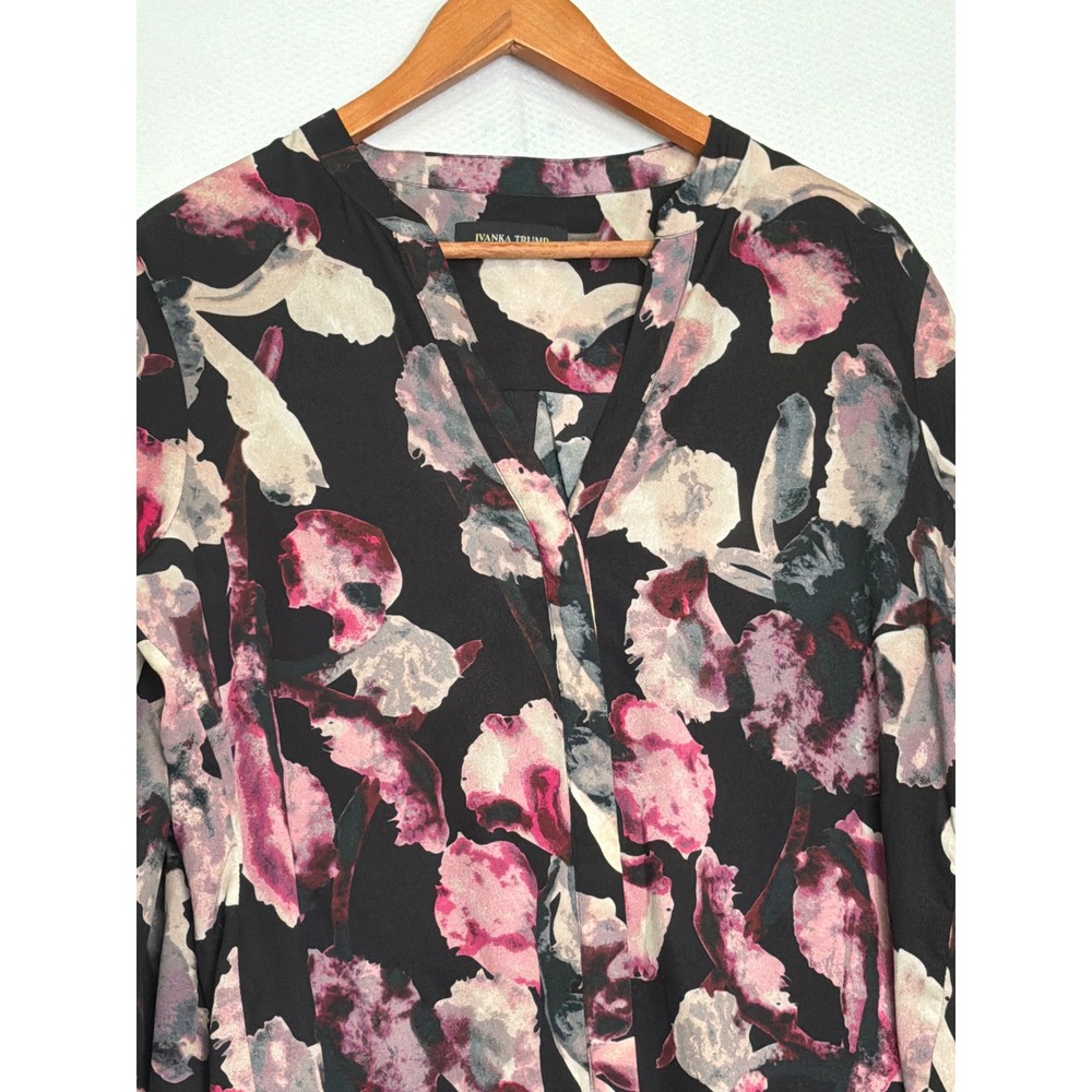 Ivanka Trump Womens Floral V-Neck Blouse Black Pink Purple Long Sleeve Large - Picture 2 of 9